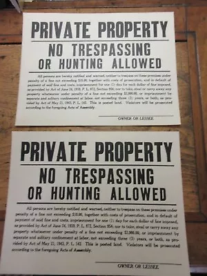 2 Two C1943 Vintage Private Property No Trespassing Or Hunting Allowed Sign 8x11 • $9.99