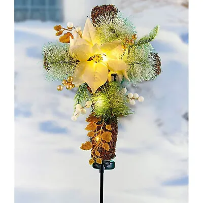 Solar Lighted Christmas Poinsettia Cross Stake Beloved Departed Grave Cemetery • $32.98