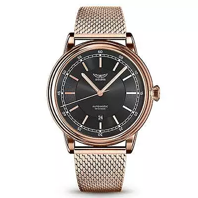 Aviator Rose Gold Mesh Black Dial Men's Automatic Swiss Made Watch - V33222425 • $1599