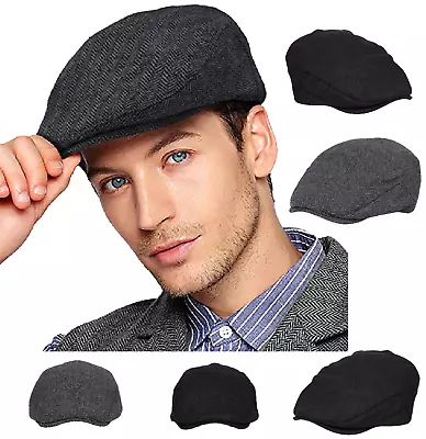 Flat Cap Men’s Herringbone Plain Tweed Wool Newsboy Gatsby Vintage Winter Hats • £14.99