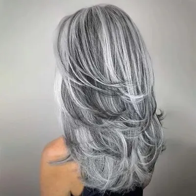  Synthetic Wig With Curtain Bangs Long Layered Wig Natural Silver Gray Wigs  • $50.05