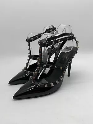 Valentino Garavani Caged Rockstud Shoes EU 37 UK 4 Black Patent Leather Heels • £300