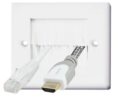 Auline® White Brush Single 1 Gang Wall Outlet Cable Entry Plate Tidy Mount • £3.95