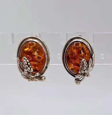 Sterling Baltic Amber Earrings Clip Vintage Grape Vine 925 Silver Oval Cabachon • $40