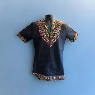 Black Cotton Denim Red Yellow Green Pattern African Tribal Dashiki Free Size Lg • $16.50