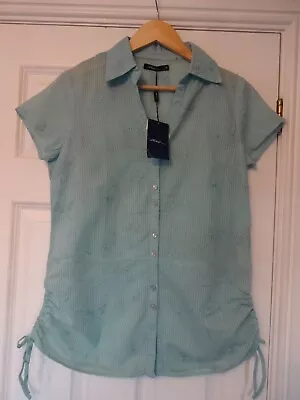 Dash Size 10 Shirt BNWT Aqua Green Floral Embroidery Pull Up Sides • £2.99