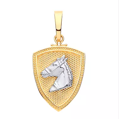 SOLID 9ct Yellow And White Gold Horse Head & Shield Pendant Pendant - HALLMARKED • £137