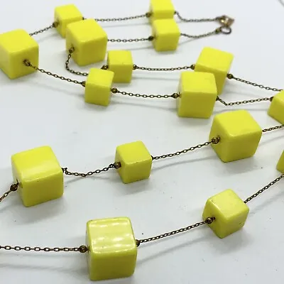 VTG NECKLACE YELLOW LUCITE CUBE STATION BEAD CHAIN 1960’s RETRO POP ART 28” • $29.95