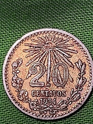 1934 M Mexico .720 Silver 20 Centavos  KM 438 Lovely Patina  • $15