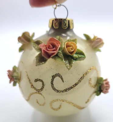 Vintage SILVESTRI Ornament Handblown White Glass Ball W/ Pink Roses Flowers Gold • $19.99
