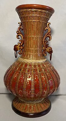 VTG Bamboo Weave Vase Orange Colored - Wickerwork Traditional Handicraft 9  Tall • $35