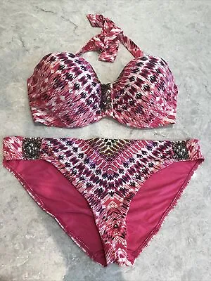 Mathew Williamson Butterfly Pink Mix Jewelled Bikini Top 34D Bottoms 14 • £3.99