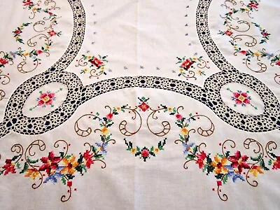 VTG TABLECLOTH OVAL HAND EMBROIDERED CROSS STITCH ROSES CROCHET LACE 64x114 • $110