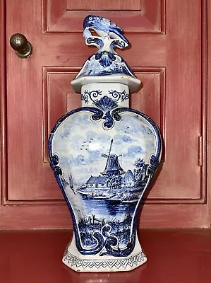 Tichelaar Makkum Hand Painted Delft Blue Lidded Urn C. 1880-1895 Windmill Heart • $230