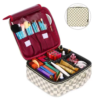 Makeup Bag For Women Checkered Travel Case Leather Cosmetic Organizer Tools WHT • $18.45