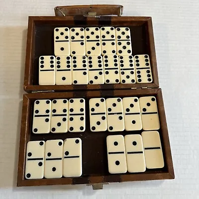 Vintage Dominoes Double Six Set 25 Piece Faux Leather Case Bakelite? • $36