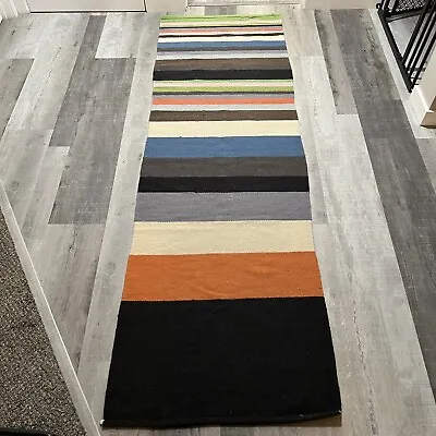 Vintage Multicolor Wool Tight Knit Loomed Colorful Striped Runner Rug • $125