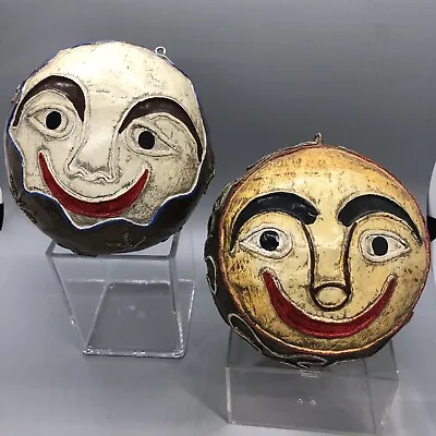 Folk Art Sun And Moon Face Paper Mache Ornaments Set Of 2 Handmade Unique Decor • $21.97