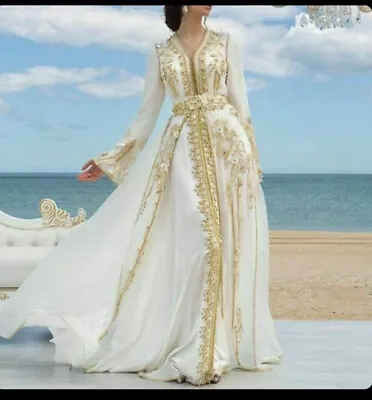 Dubai Moroccan Kaftan Abaya Arabic Wedding Gown Hand Zari Work Tail Takshita Var • $144.99