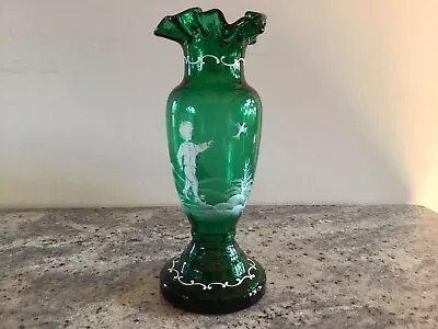 Vintage Mary Gregory Emerald Green Enamel Painted Glass Vase • $98.95