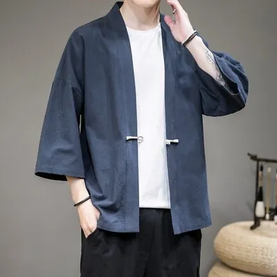 Men Cotton Linen Kimono Cardigan Retro Chinese Jacket Coat Yukata Haori • £26.27