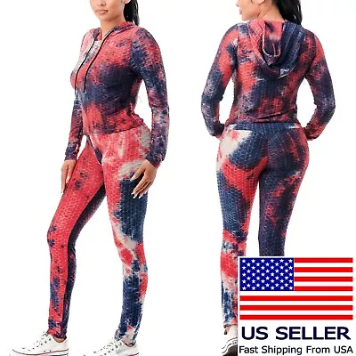 Women Tie Dye 2 PC Workout Set Hoodie Top And Yoga Leggings Combo Set • $14.99