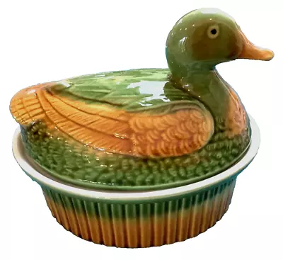 Vtg Majolica French Market Tureen Lid Pate Dish Ceramic Duck 7  Hand-painted • $16.16