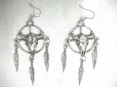 MEDICINE WHEEL With BUFFALO SKULL DREAM CATCHER 3 FEATHERS PAIR OF EARRINGS • $16.99