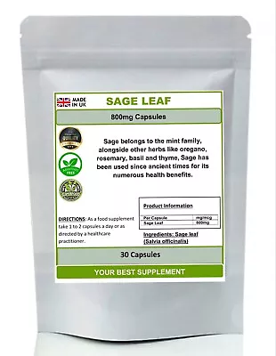 Sage Leaf Capsules 800mg 100% Pure  (High Strength Supplement) No Filler • £7