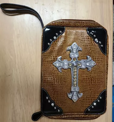 Brown Bible Cover Wrist Strap Large Metal Cross And Rhinestones 10 X 7 X 1.75 • $22.95