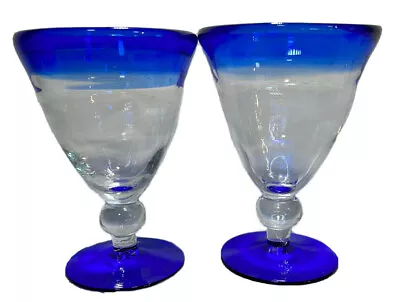 2 Mexican Style HandBlown Glass Cobalt Blue Rim Footed Cocktail Drinking Glasses • $15