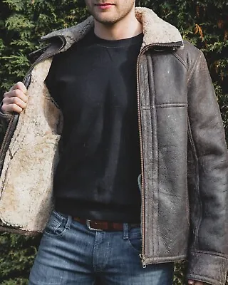 Men's Aviator Brown B3 Real Shearling Sheepskin Leather Bomber Flying Fur Jacket • $218.90