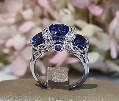 Estate 10k White Gold Diamond Blue Lab Created Sapphire Ring Engagement Wedding • $699.99