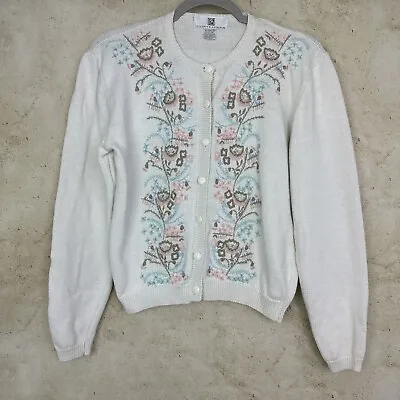 Vintage Cardigan Womens M Embroidered Floral Beaded Button Front Sweater • $17.99