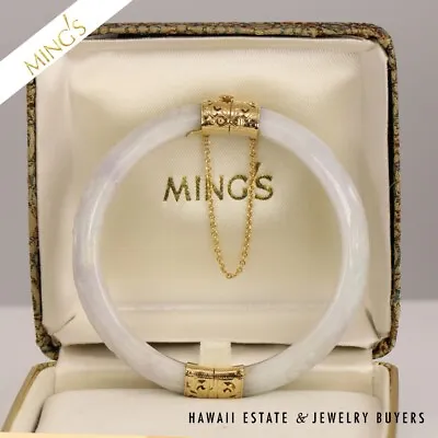 Rare Signed Ming's Hawaii 8mm Ice Jade 14K Yellow Gold Bangle Bracelet With Box • $2000