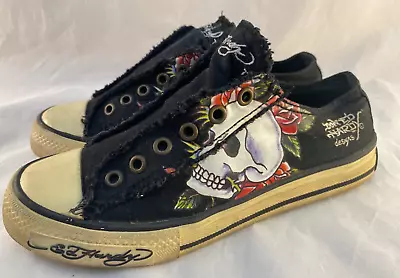 ED HARDY Black Canvas Low Top SKULL Sneakers Laceless Slip On Women's Size 5 • $21.75