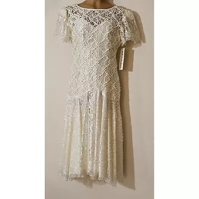 VTG 80s Ivory Lace Formal Prom Wedding Dress 20s Flapper Style Drop Waist 10 • $69