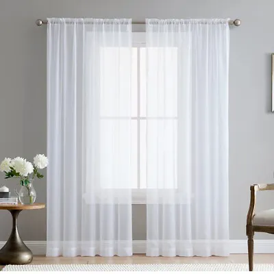 Voile Curtains Pair (2 Panels) Of White Sheer Net Slot Top Drapes -Top Quality T • £6.49