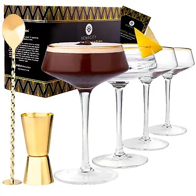 Martini Glasses Set Of 4 With Gold Rims Gold Bar Spoon & Double-sided Jigger • £36.99