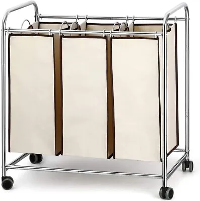 $30.99 • Buy 3 Bag Laundry Hamper Cart With Heavy Duty Rolling Lockable Wheels Laundry Sorter