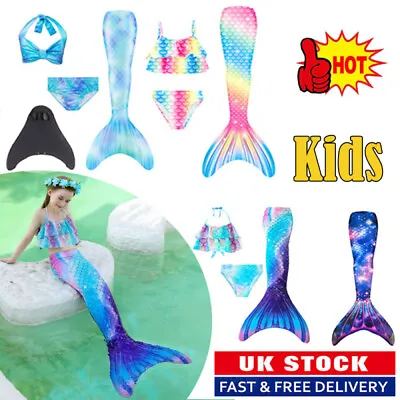 UK Kids Mermaid Tail With Monofin Swimmable Bikini Set Swimsuit Swimming Costume • £15.82