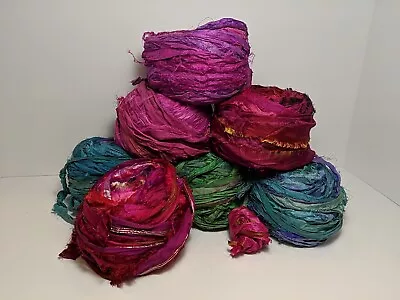 Yards & Yards Of Recycled Sari Silk Ribbon Yarn! 7 Huge Cakes Of Stitched Silk • $124.99