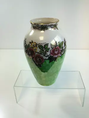 Vintage Maling Thumbprint Lustreware Green Rosine Vase Gilt Edging Top Rim 8.5   • £30