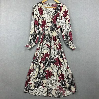 Witchery Dress Womens 4 White Red Floral Maxi Fit & Flare Wrap Balloon Sleeve • $24.95