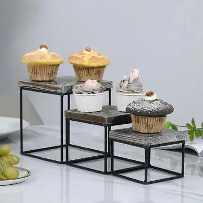 £33.79 • Buy Torched Wood & Black Metal Cupcake Stands, Food Dessert Display Risers, Set Of 3