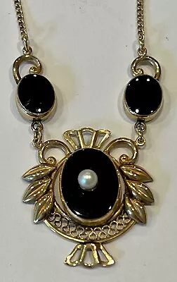 Victorian Black Onyx Pearl Mourning Pendant Necklace Gold Metal Filigree Ornate • $40