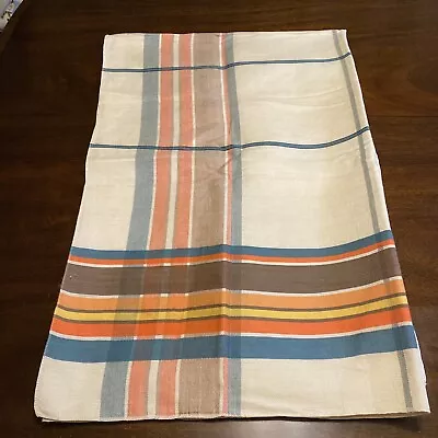 Vintage White Green Rust Brown Stripe Tablecloth 54”x72” FE31 • $19.99