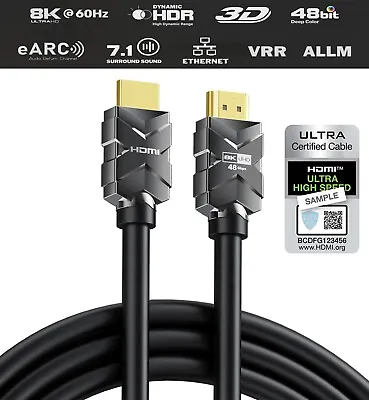 $23.99 • Buy Certified HDMI 2.1 Cable 8K@60Hz 4K@120Hz Ultra HD 3D HEC EARC Dynamic HDR HDCP