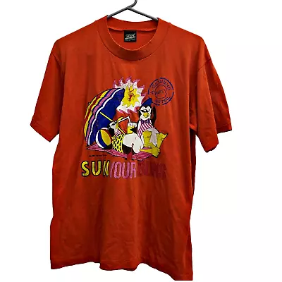 Vintage 1986 Sun Your Buns Top Half Tropix XL SS Tshirt 'Party Animal' Penguin • $29.99