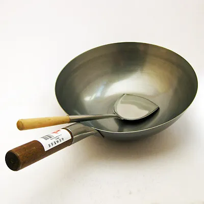 14  Flat Based Carbon Steel Wok (Commercial Quality) & Wooden Handle Wok Shovel • £26.50